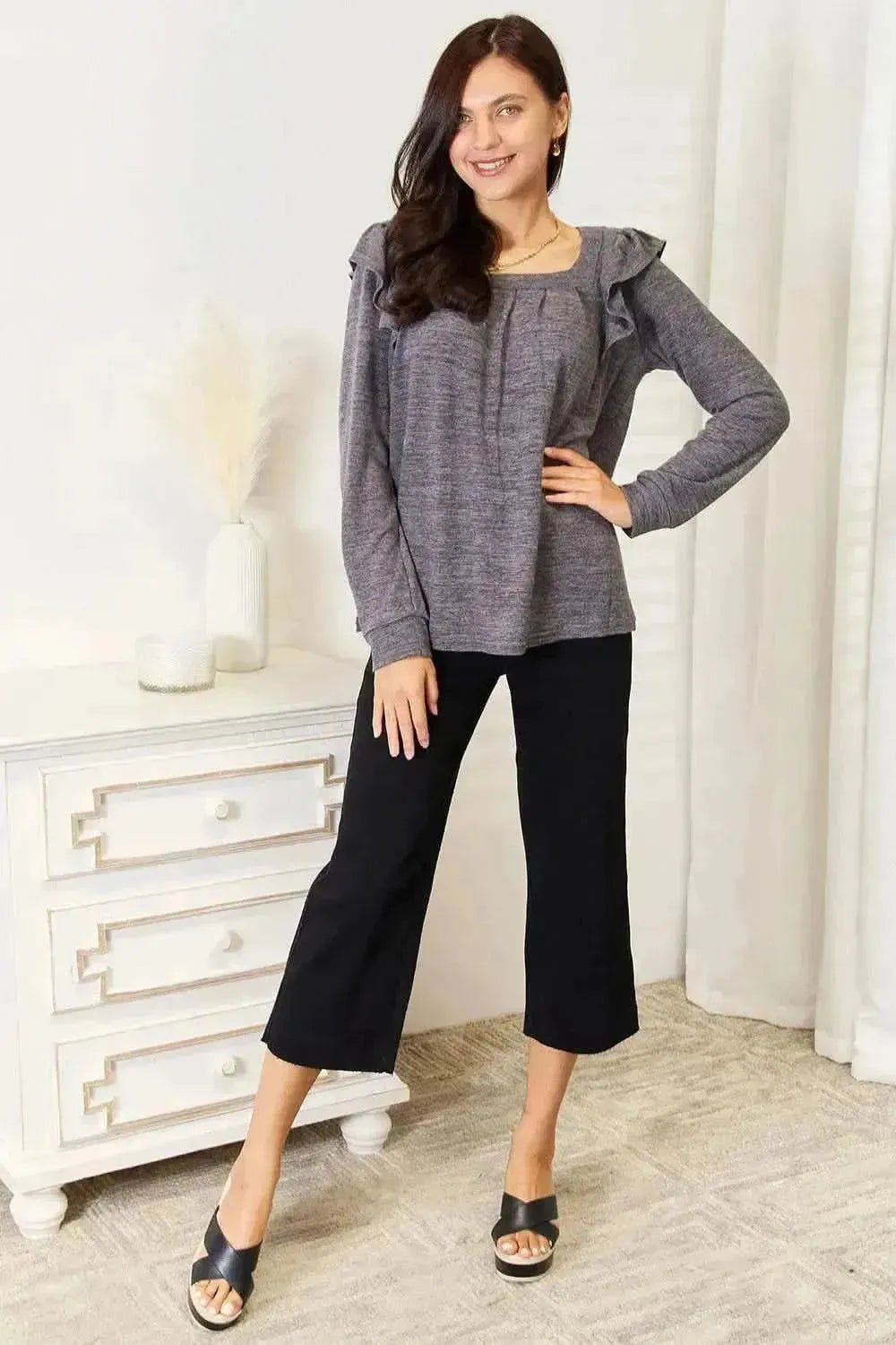 Double Take Square Neck Ruffle Shoulder Long Sleeve T-Shirt - Bad Moms Club