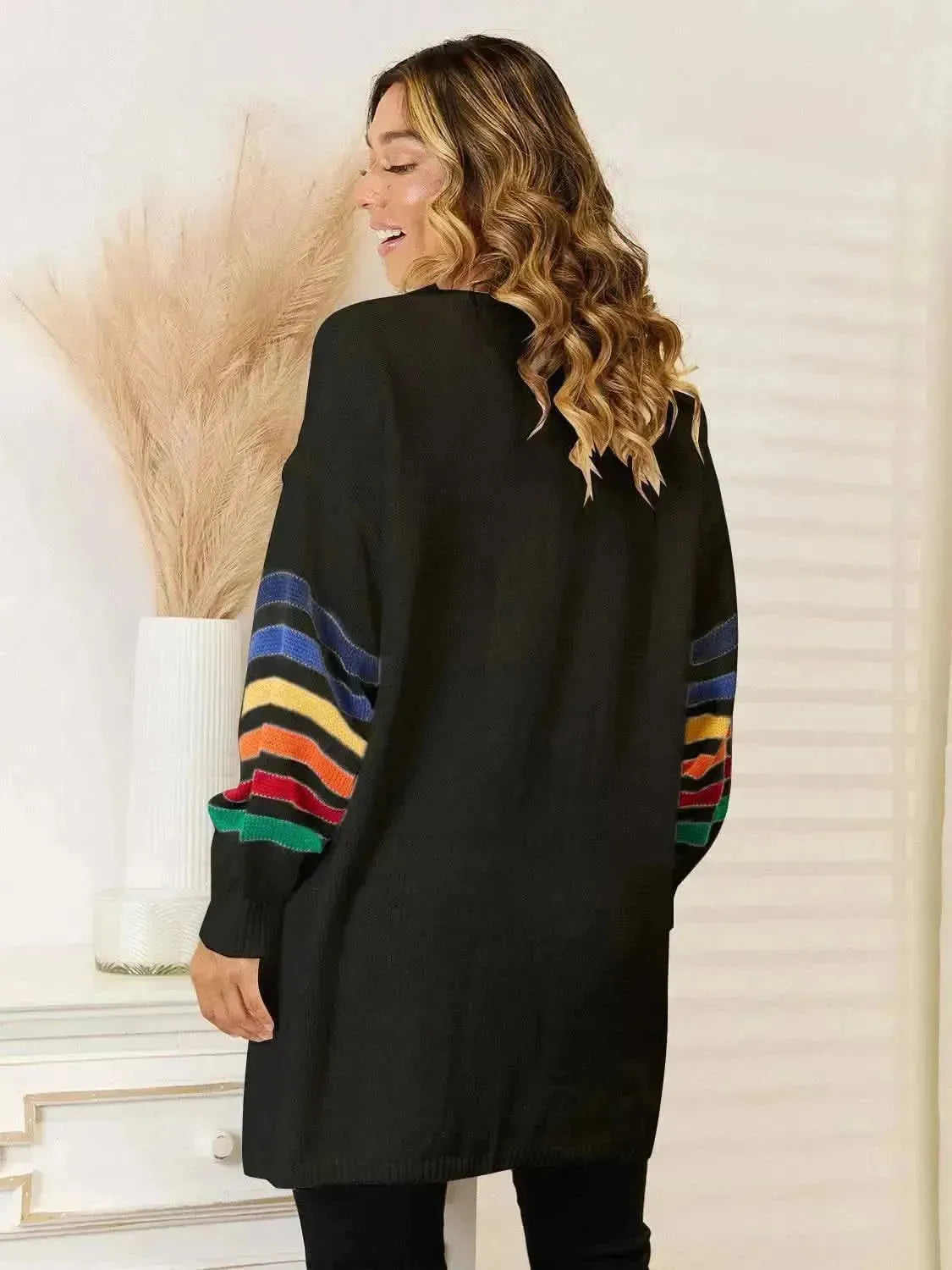 Striped Open Front Dropped Shoulder Cardigan - Bad Moms Club