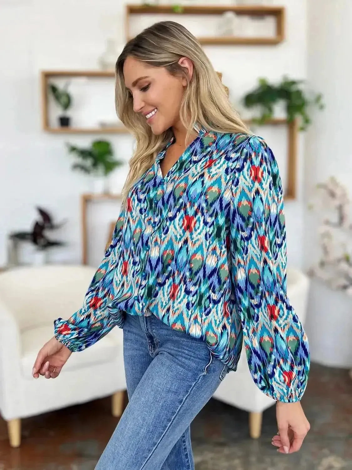 Double Take Full Size Printed Balloon Sleeve Blouse - Bad Moms Club