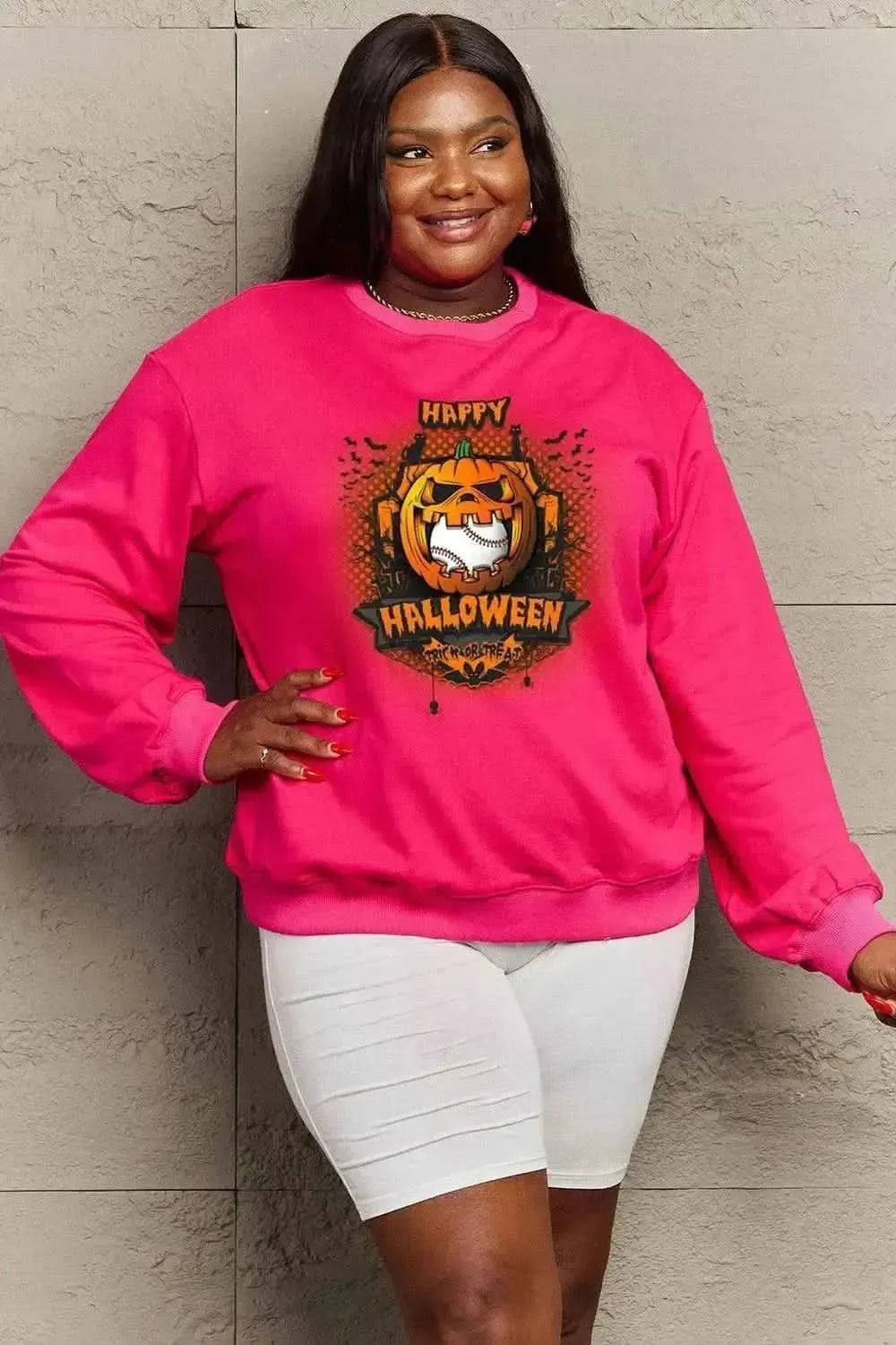 Simply Love Full Size HAPPY HALLOWEEN Graphic Sweatshirt - Bad Moms Club