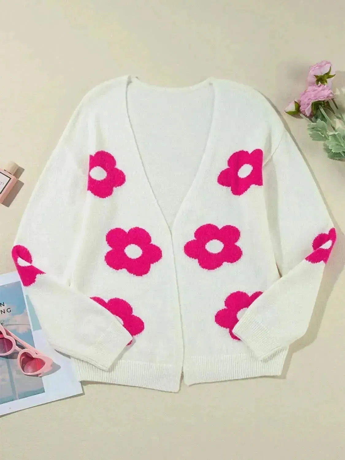 Flower Open Front Long Sleeve Cardigan - Bad Moms Club
