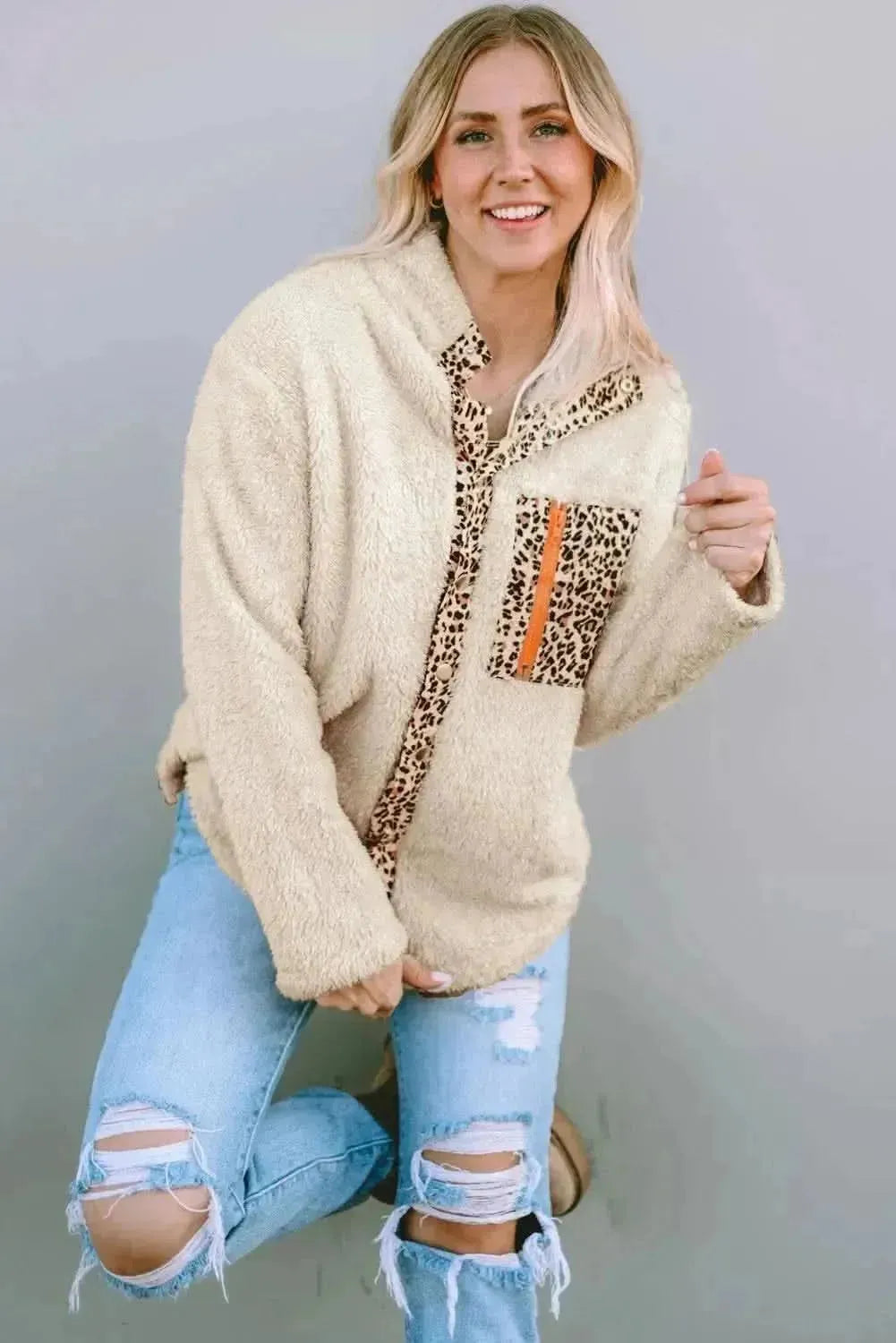 Leopard Snap Down Pocketed Collared Neck Jacket - Bad Moms Club