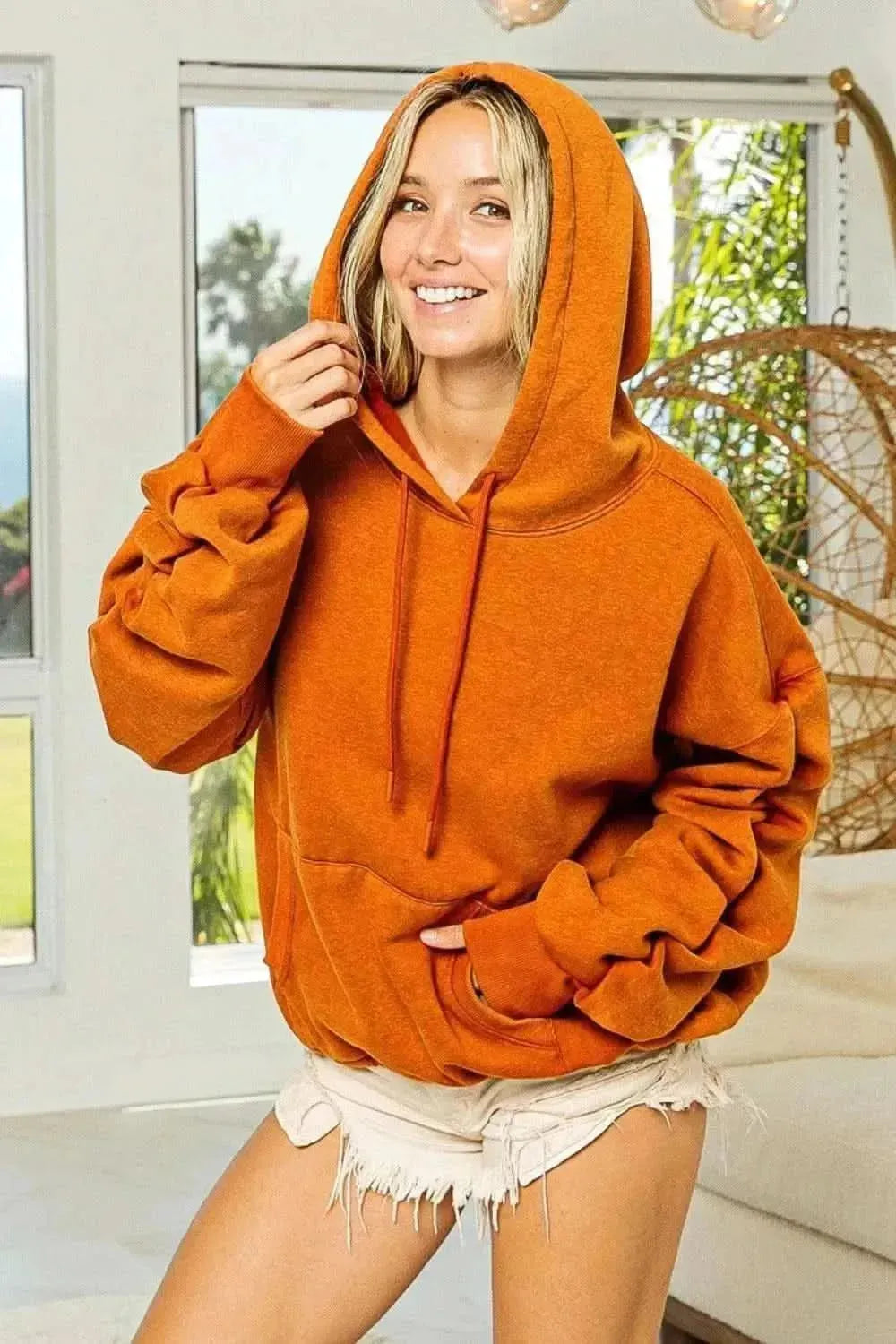 BiBi Ruched Long Sleeve Washed Fleece Hoodie - Bad Moms Club