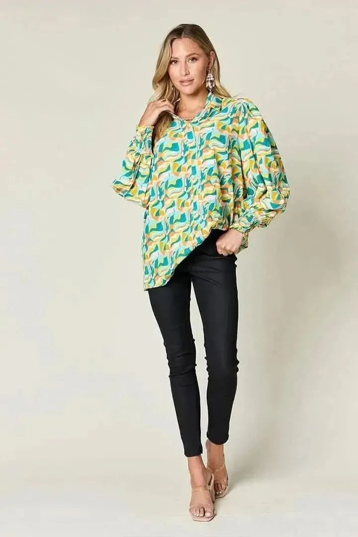 Double Take Full Size Printed Smocked Long Sleeve Blouse - Bad Moms Club