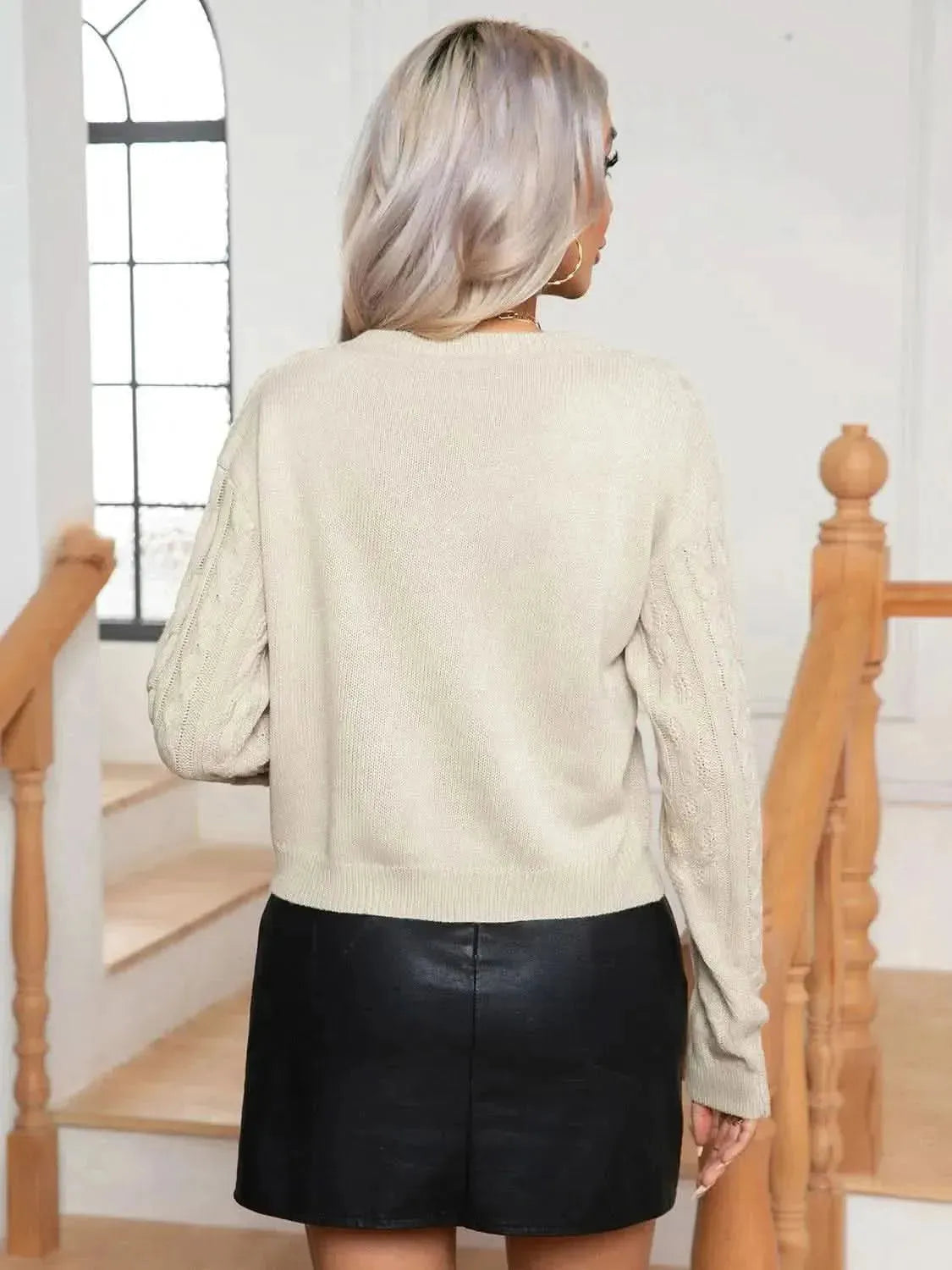 Cable-Knit Round Neck Long Sleeve Sweater - Bad Moms Club