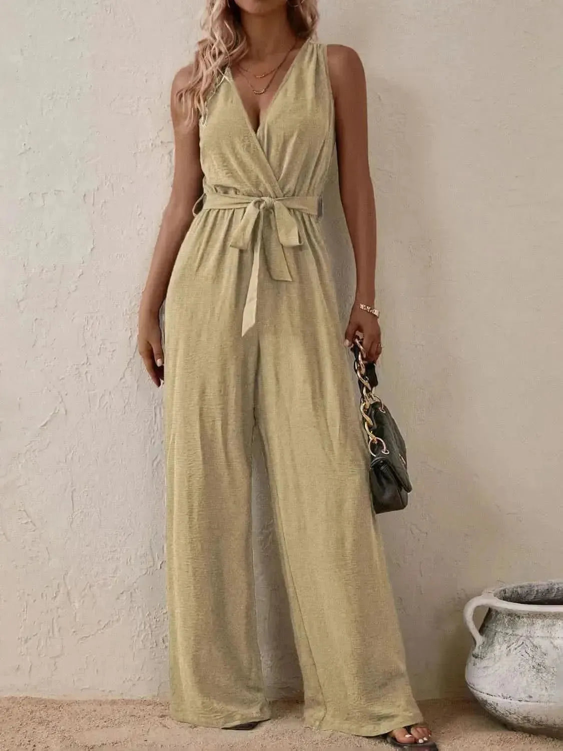 Honey Tied Surplice Sleeveless Wide Leg Jumpsuit - Bad Moms Club