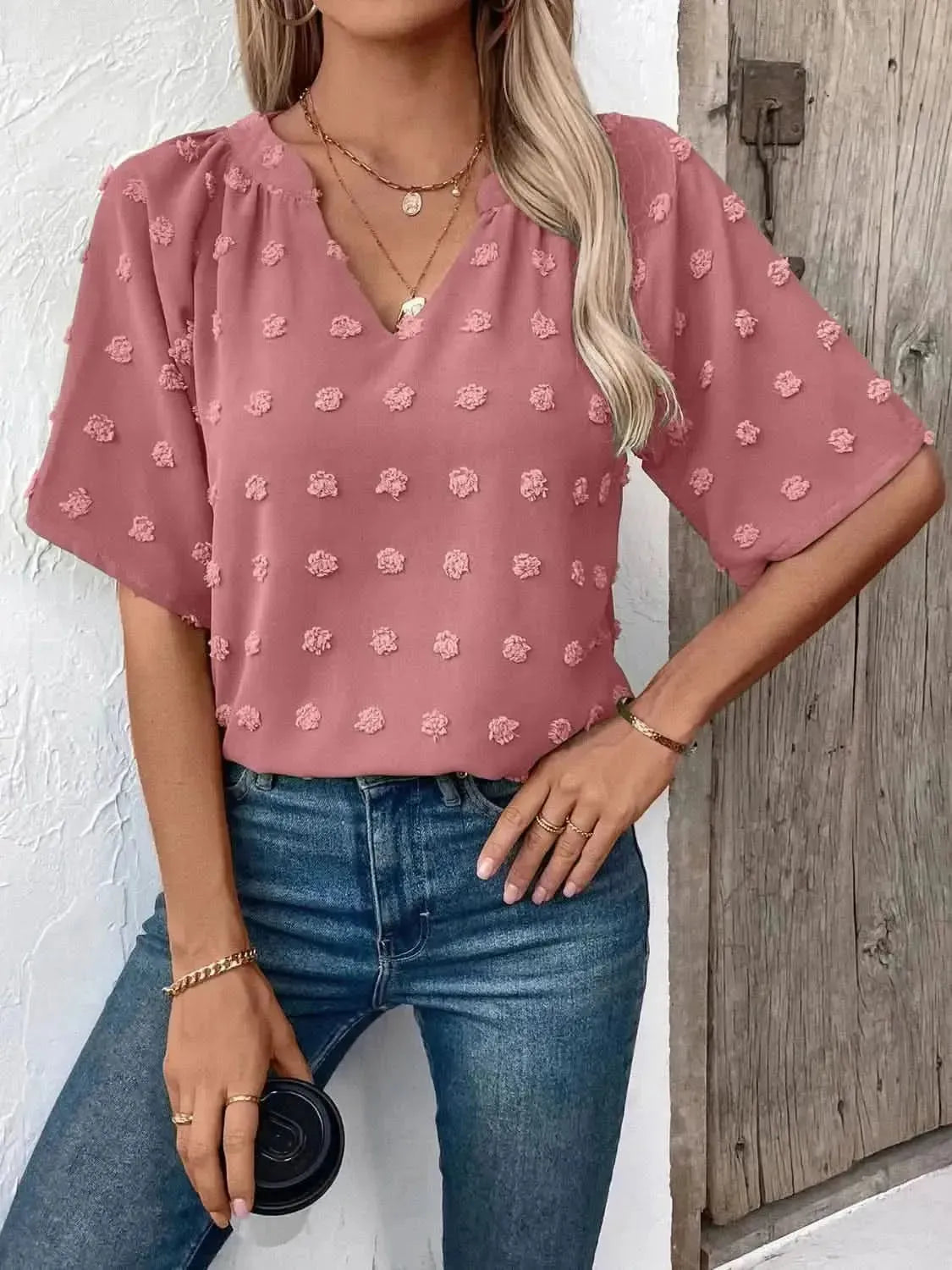 Ivy Lane Swiss Dot Notched Half Sleeve Blouse - Bad Moms Club