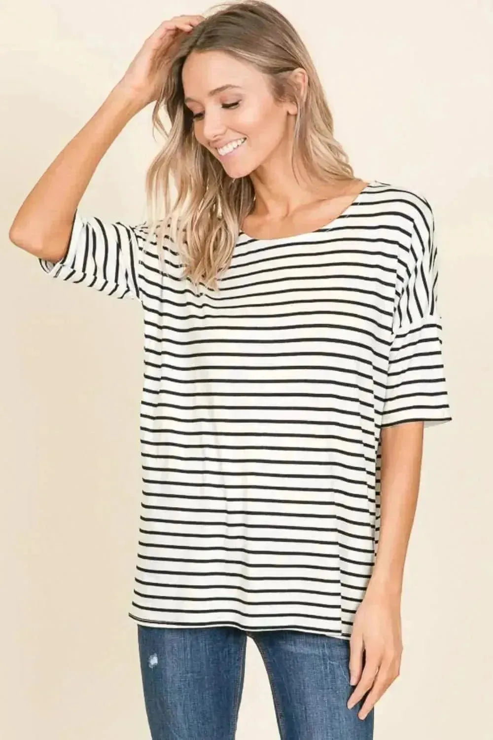 BOMBOM Striped Round Neck T-Shirt - Bad Moms Club