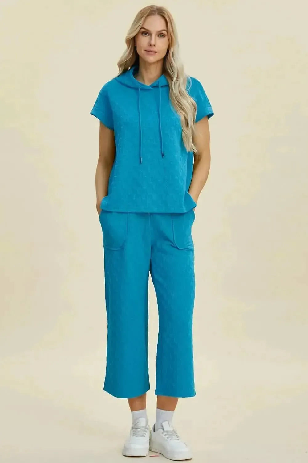 Double Take Full Size Texture Drawstring Short Sleeve Hoodie and Pocketed Pants Set - Bad Moms Club