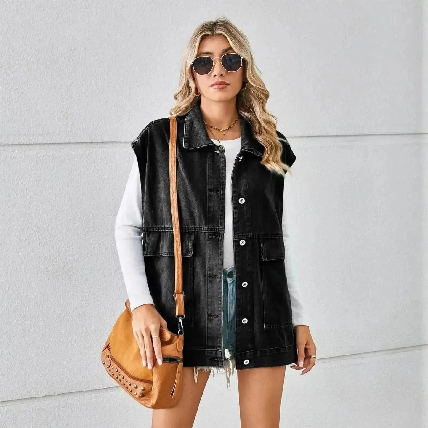 Pocketed Button Up Sleeveless Denim Jacket - Bad Moms Club