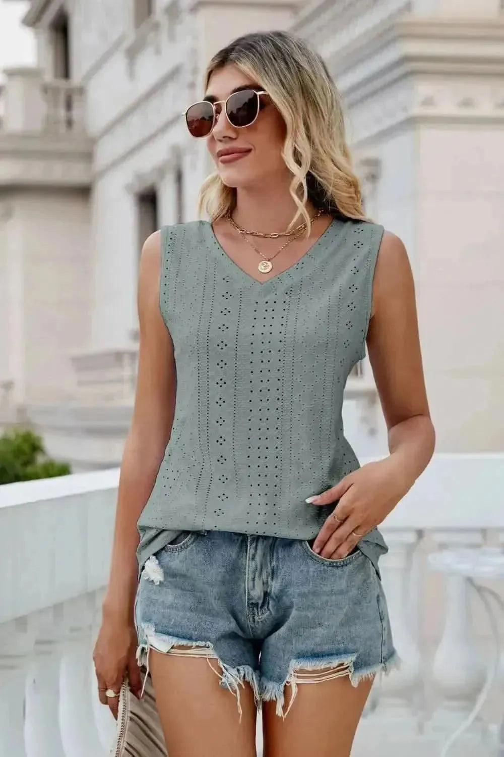 Eyelet V-Neck Tank - Bad Moms Club