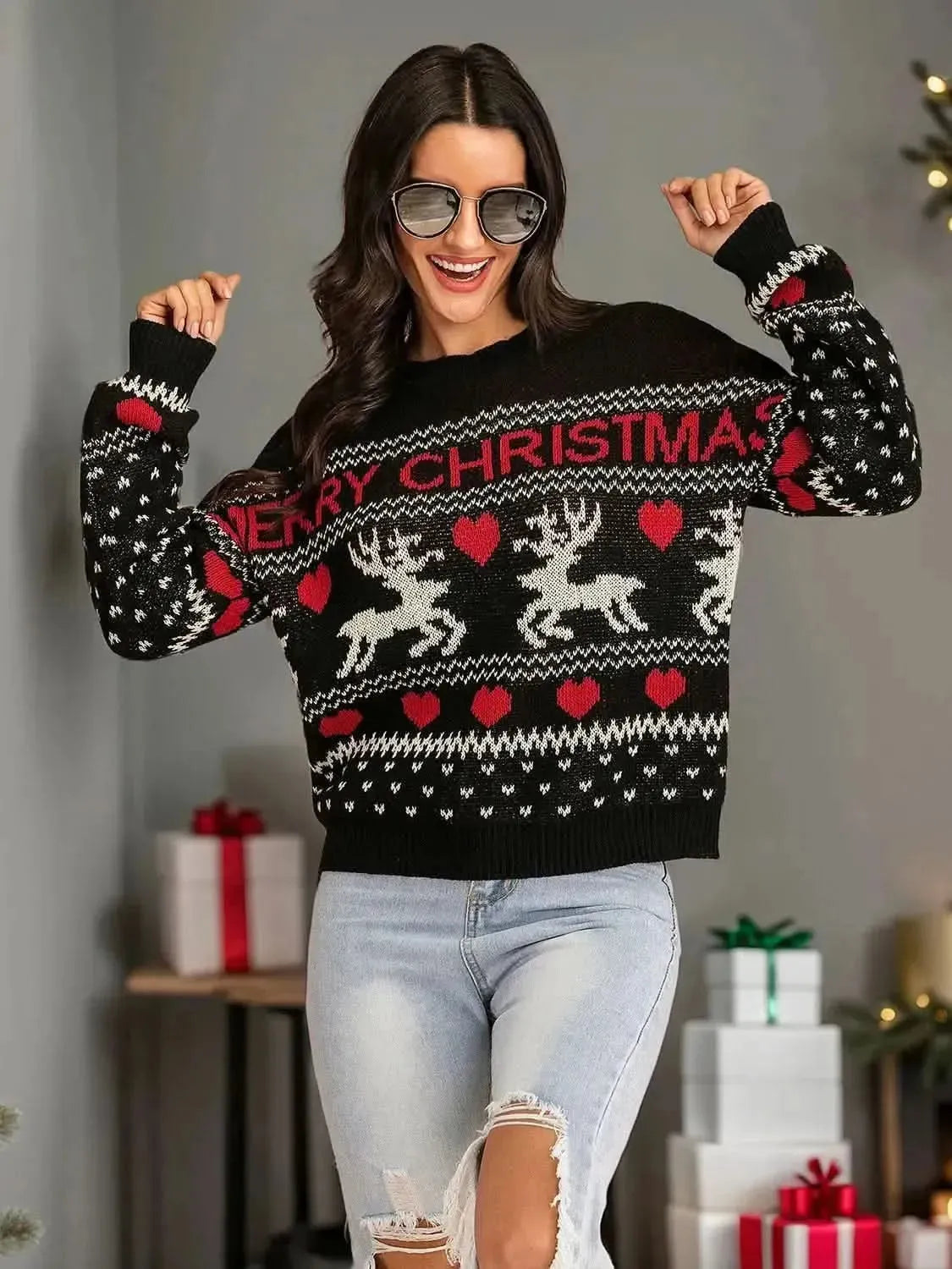 Perfee Christmas Element Round Neck Sweater - Bad Moms Club