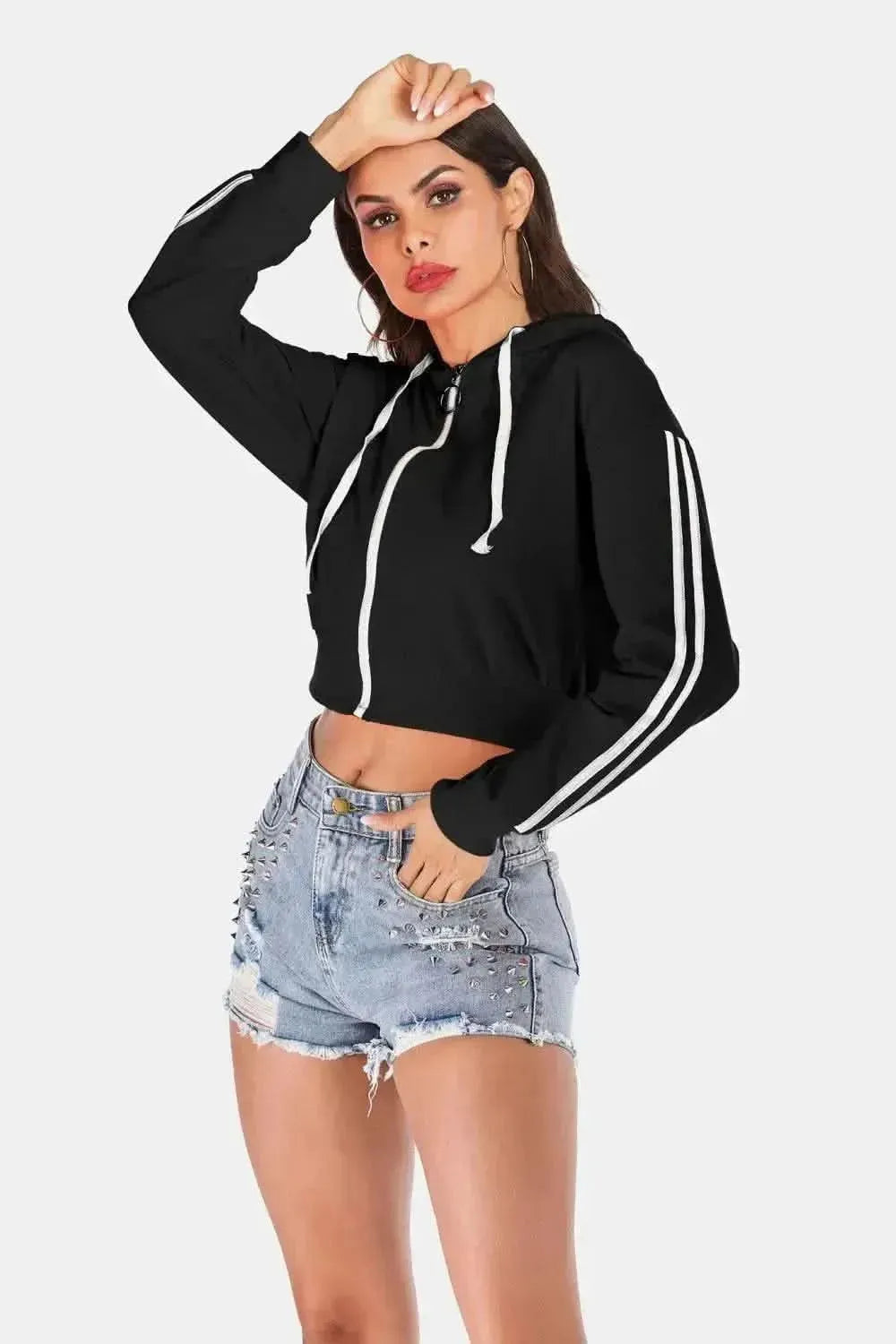 Perfee Side Stripe Drawstring Cropped Hooded Jacket - Bad Moms Club