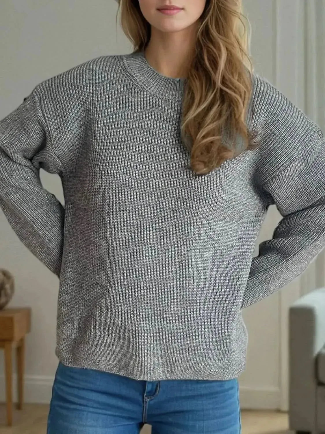 Solid Color Round Neck Long Sleeve Sweater - Bad Moms Club