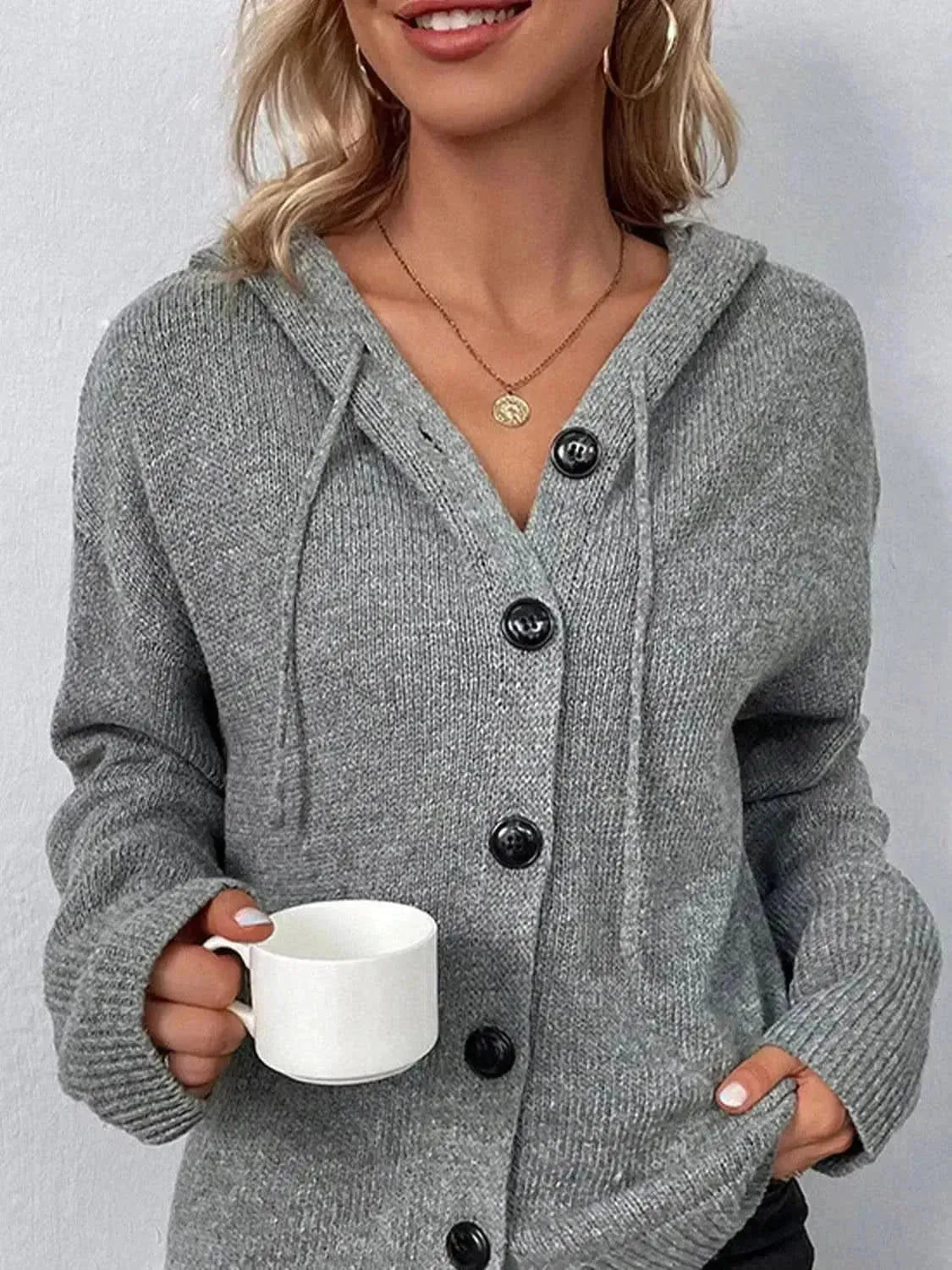 Drawstring Button Up Hooded Cardigan - Bad Moms Club