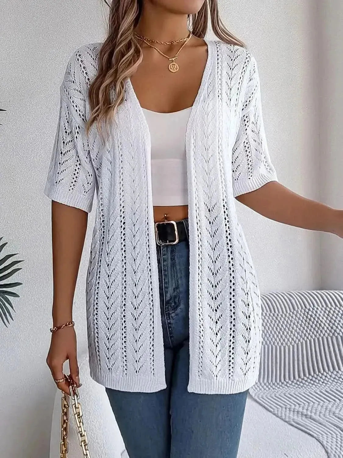 Openwork Open Front Half Sleeve Cardigan - Bad Moms Club
