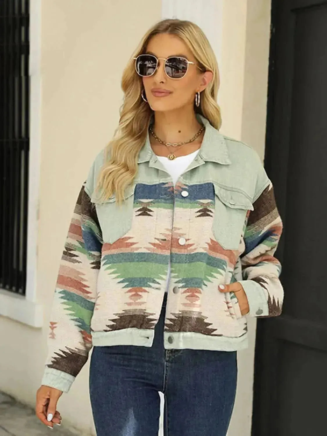 Printed Dropped Shoulder Long Sleeve Denim Jacket - Bad Moms Club