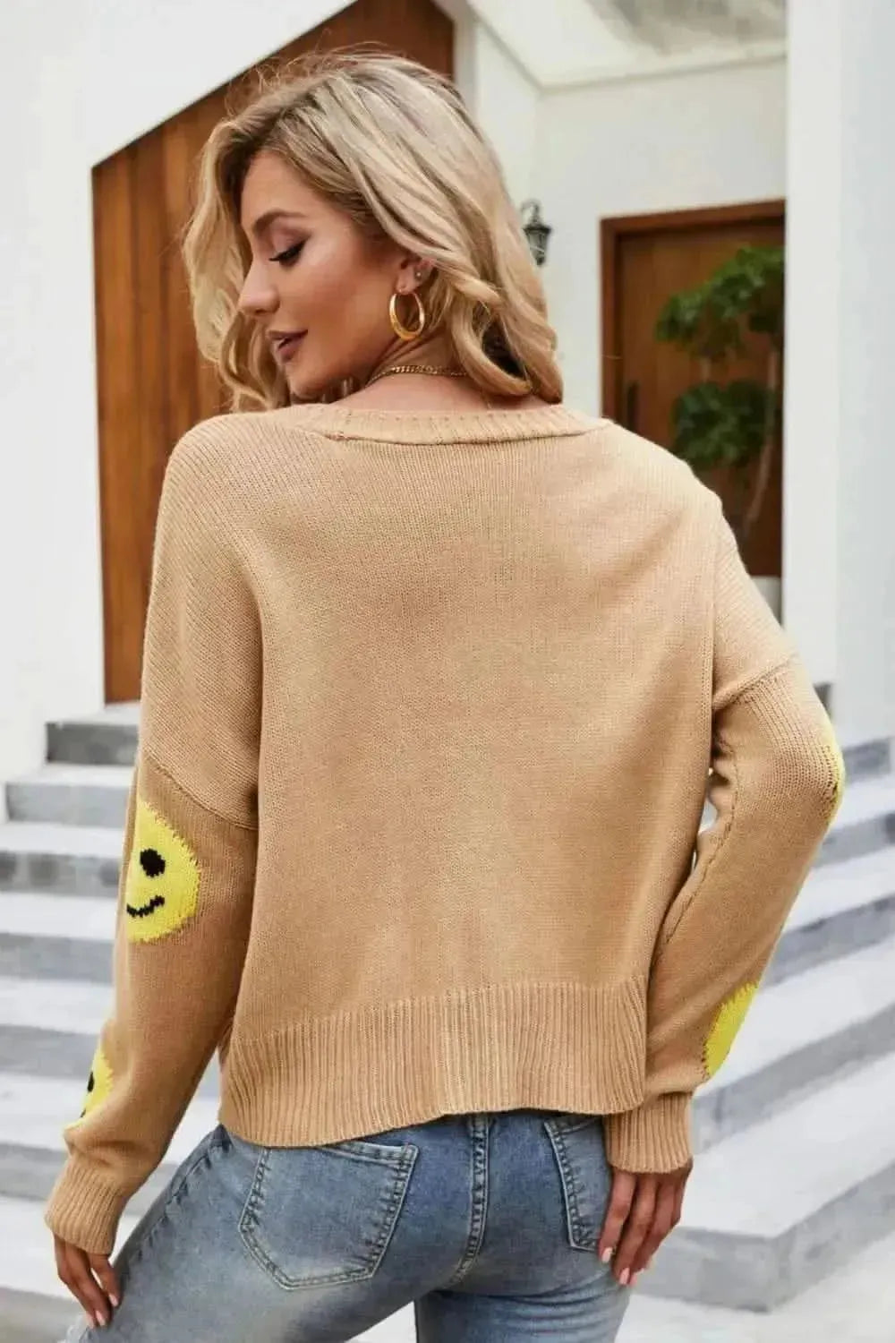 Smiley Face Ribbed Trim V-Neck Cardigan - Bad Moms Club