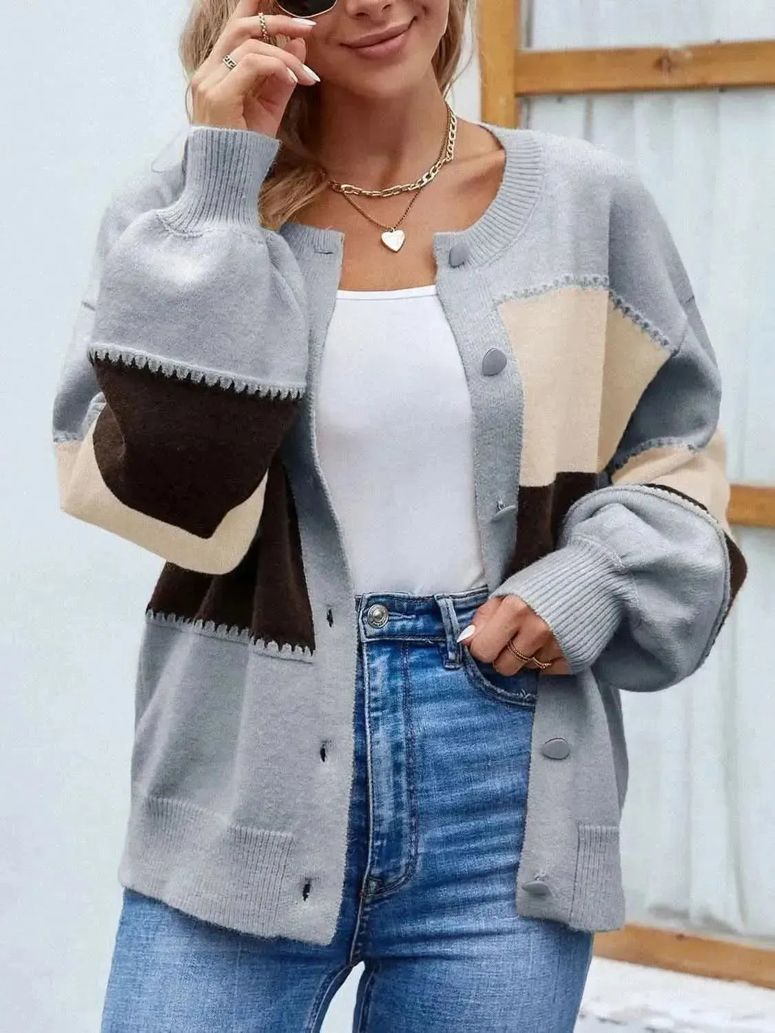 Color Block Button Up Lantern Sleeve Cardigan - Bad Moms Club