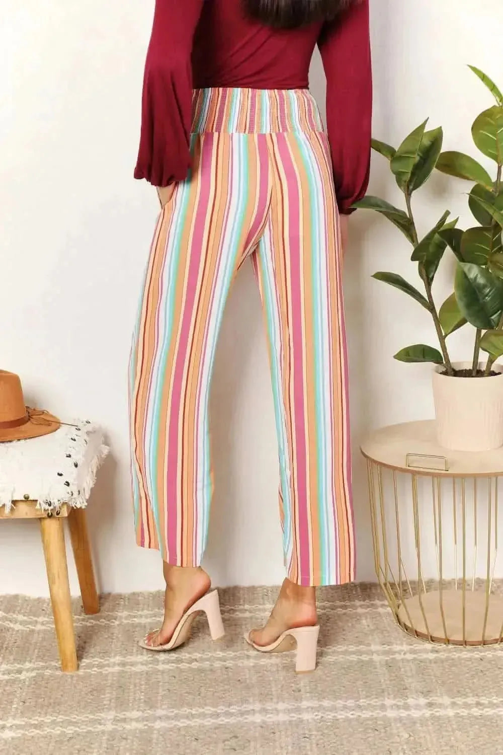 Double Take Striped Smocked Waist Pants with Pockets - Bad Moms Club