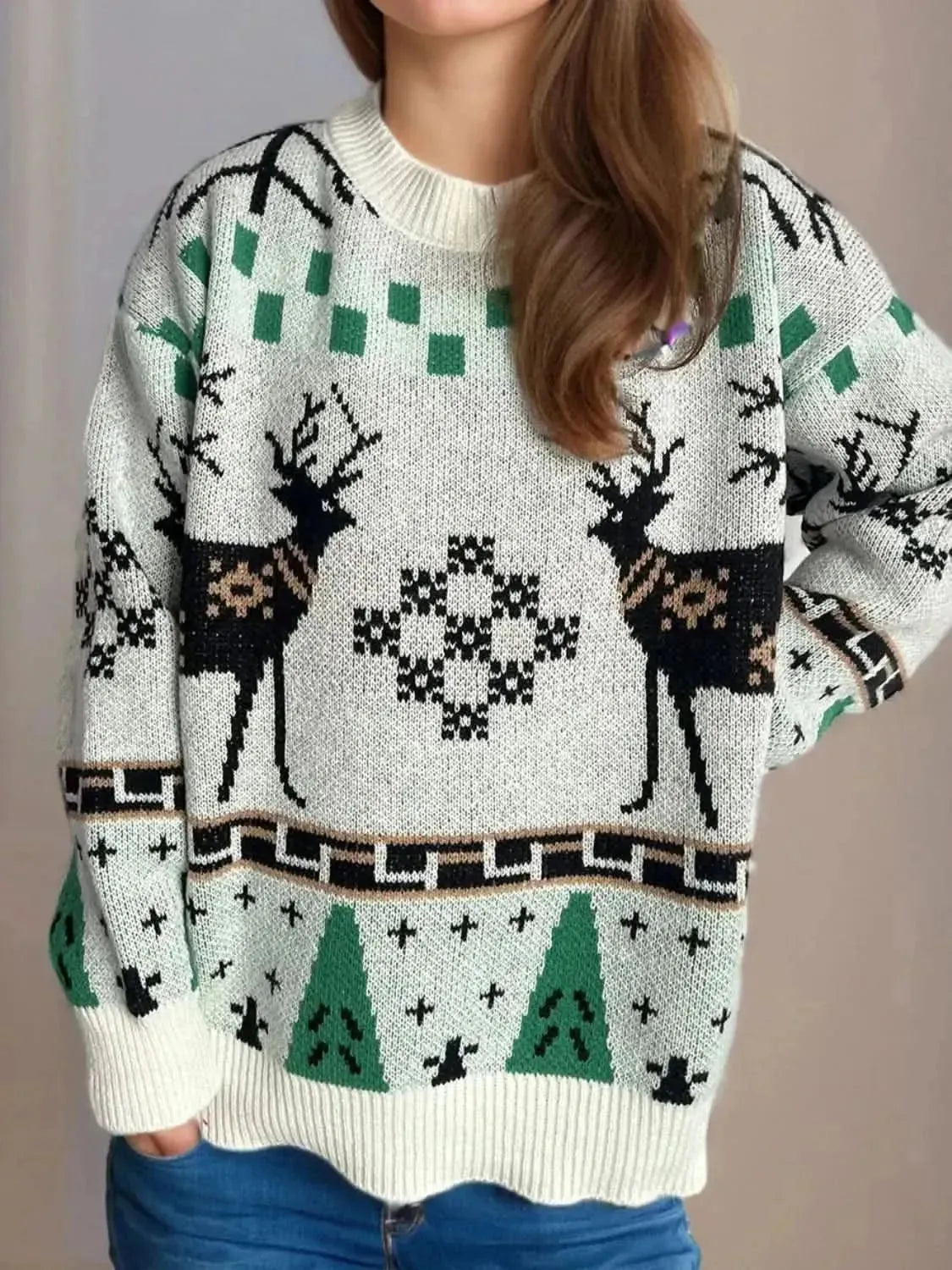 Christmas Element Round Neck Long Sleeve Sweater - Bad Moms Club