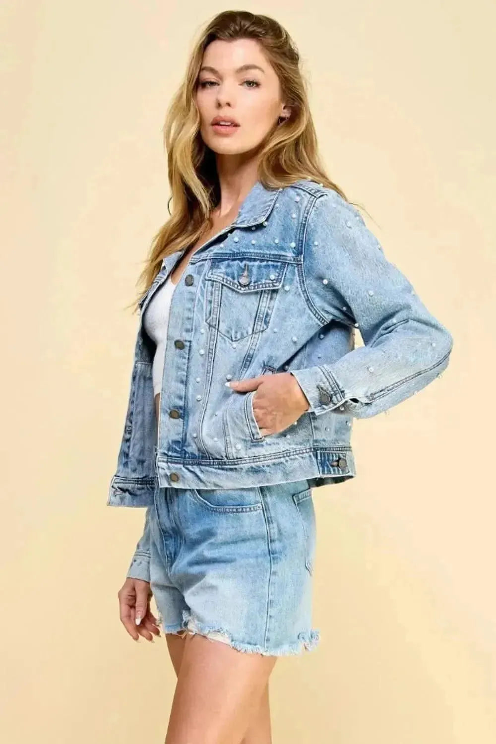 Veveret Button Up Pearl Detail Long Sleeve Denim Jacket - Bad Moms Club