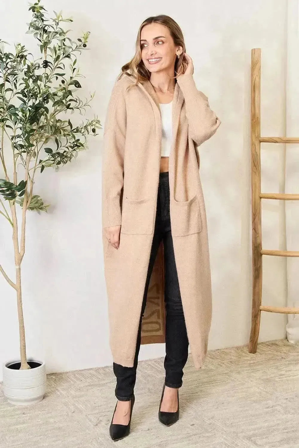 Open Front Hooded Sweater with Pockets - Bad Moms Club