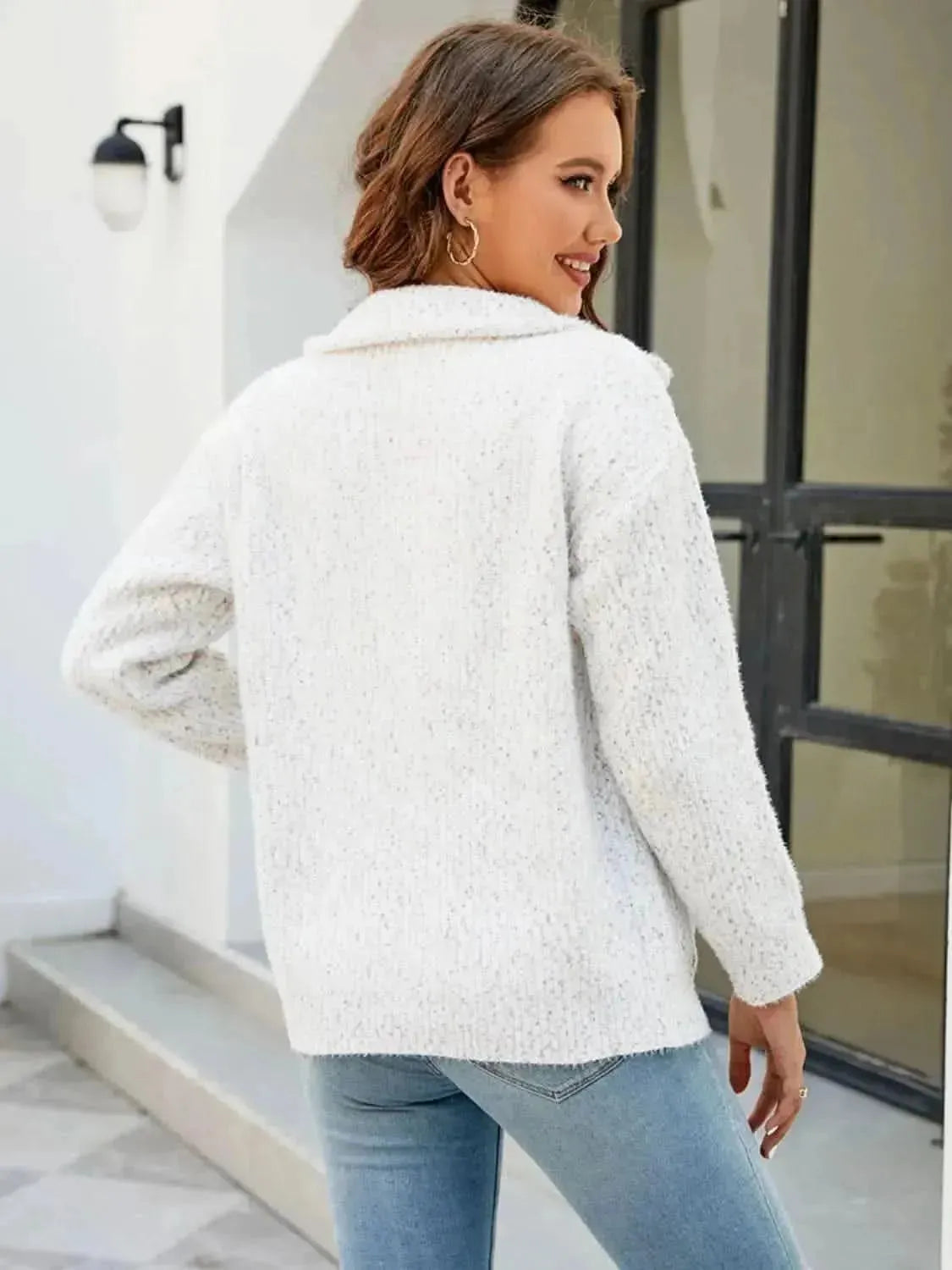 Zip-Up Collared Cardigan with Pockets - Bad Moms Club