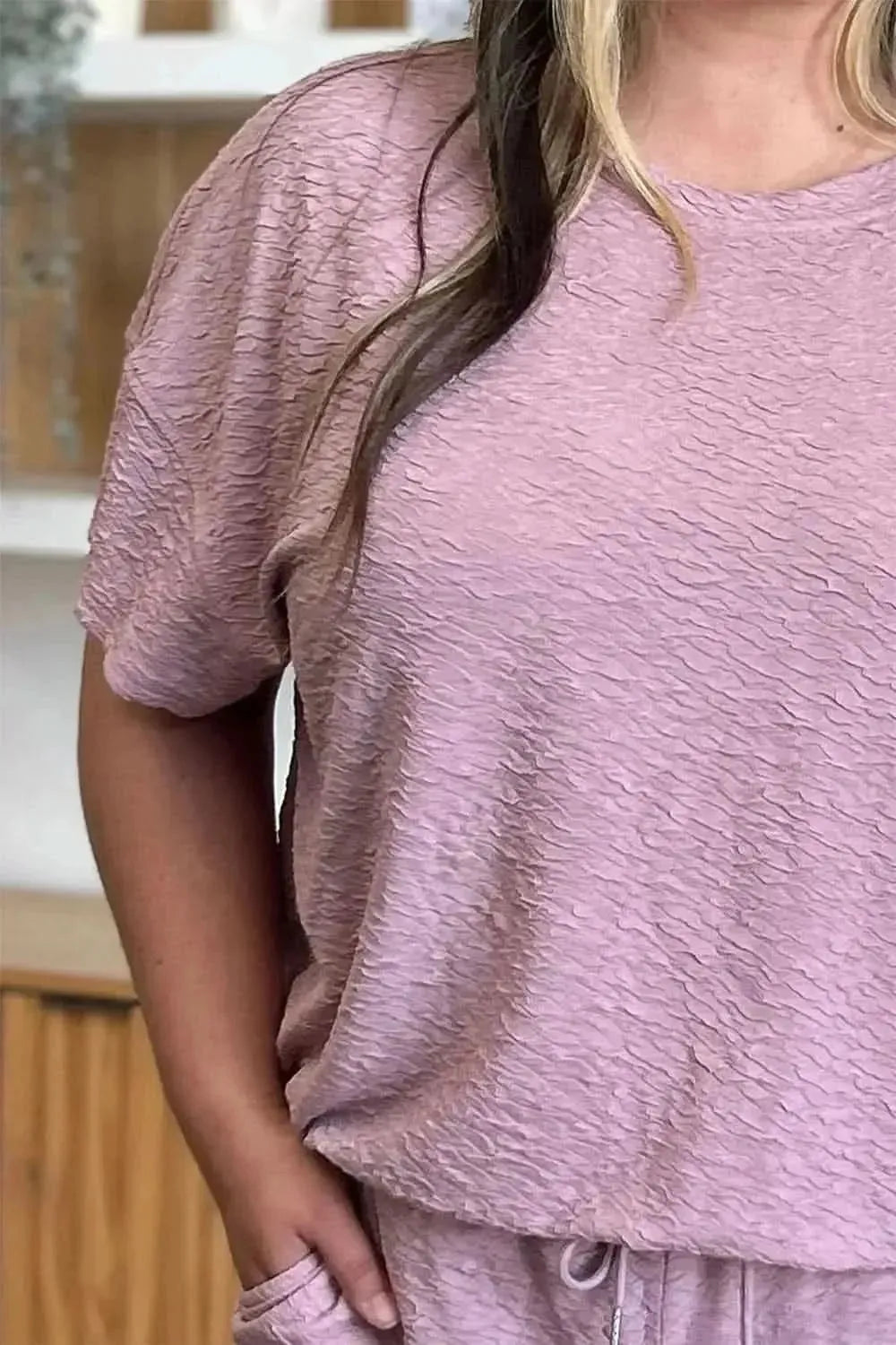 Double Take Full Size Texture Short Sleeve Top and Pants Set - Bad Moms Club
