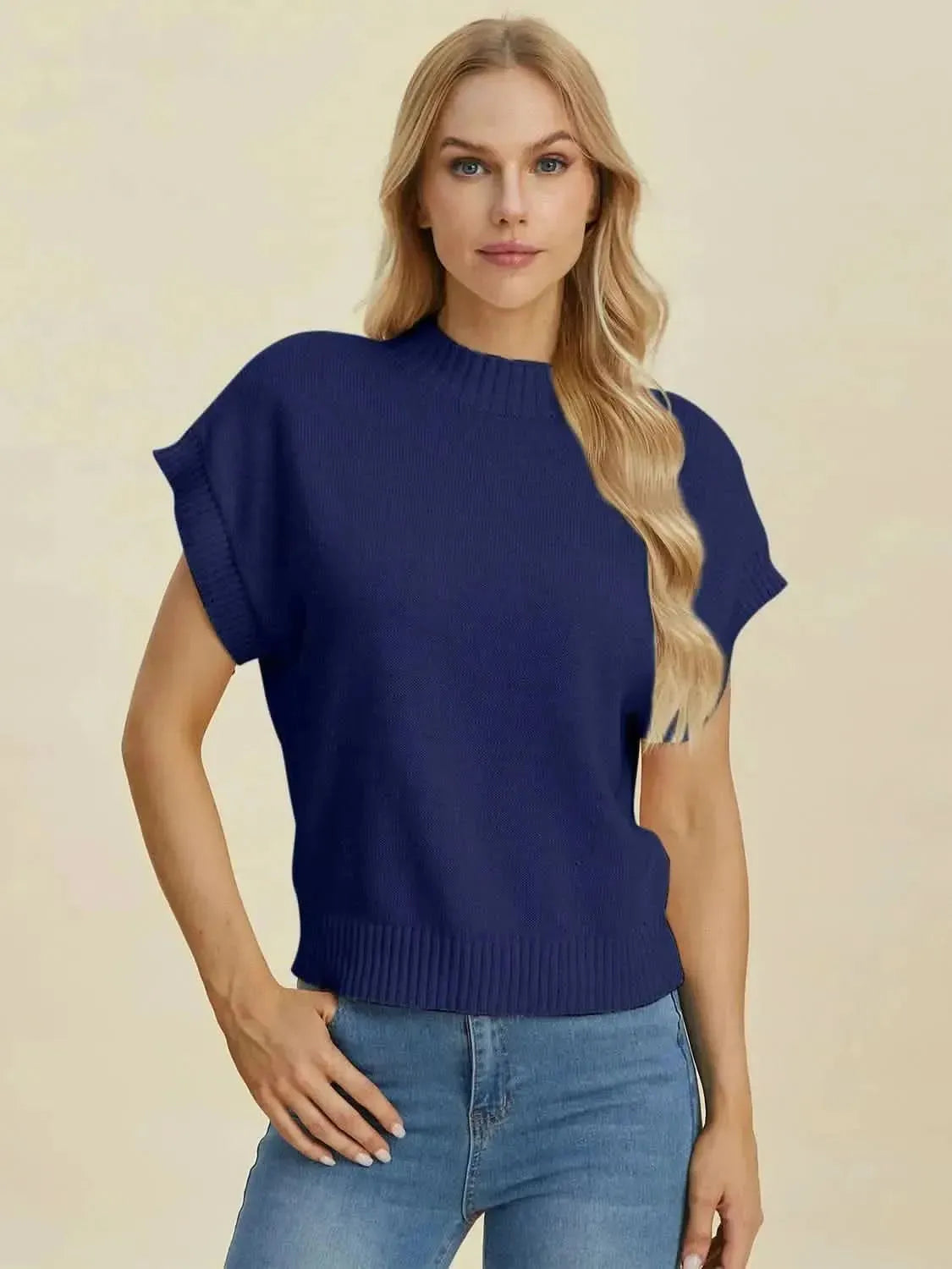Double Take Full Size Mock Neck Short Sleeve Sweater - Bad Moms Club