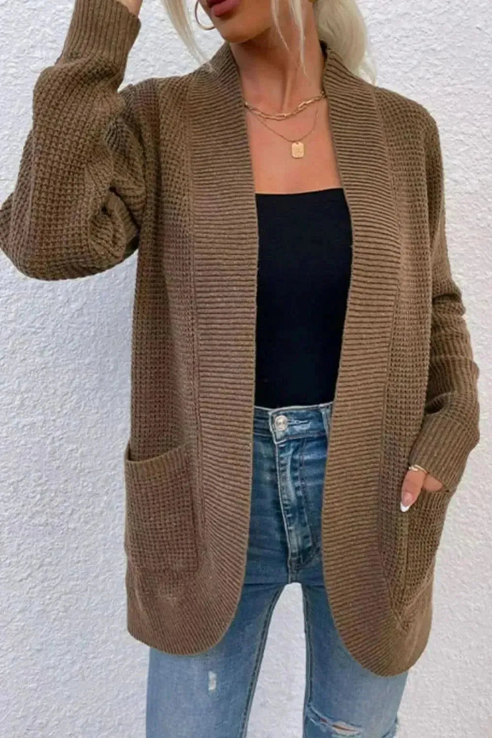 Open Front Rib-Knit Cardigan with Pockets - Bad Moms Club