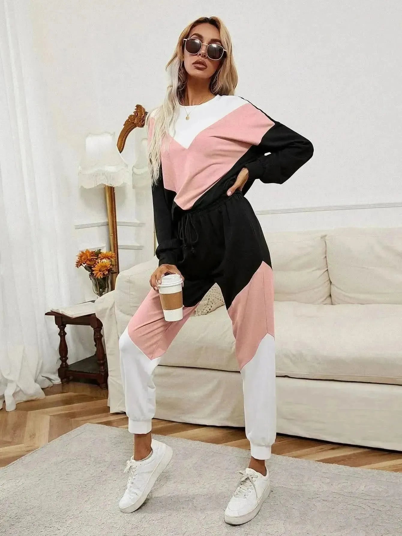 Ivy Lane Chevron Color Block Sweatshirt and Joggers Set - Bad Moms Club