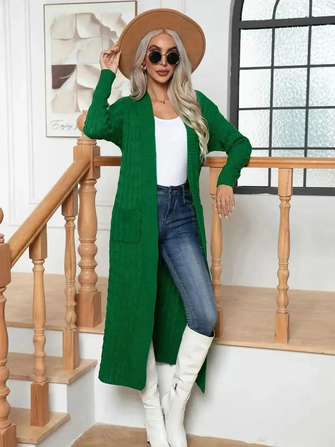 Cable-Knit Open Front Cardigan with Pockets - Bad Moms Club