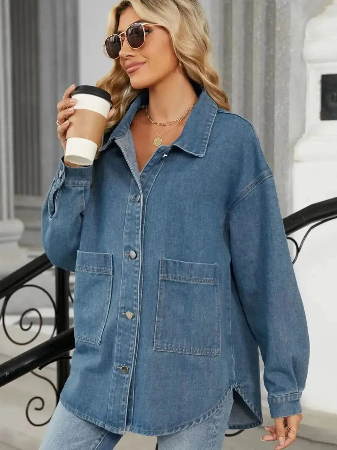 Removable Hood Button Up Long Sleeve Denim Jacket - Bad Moms Club