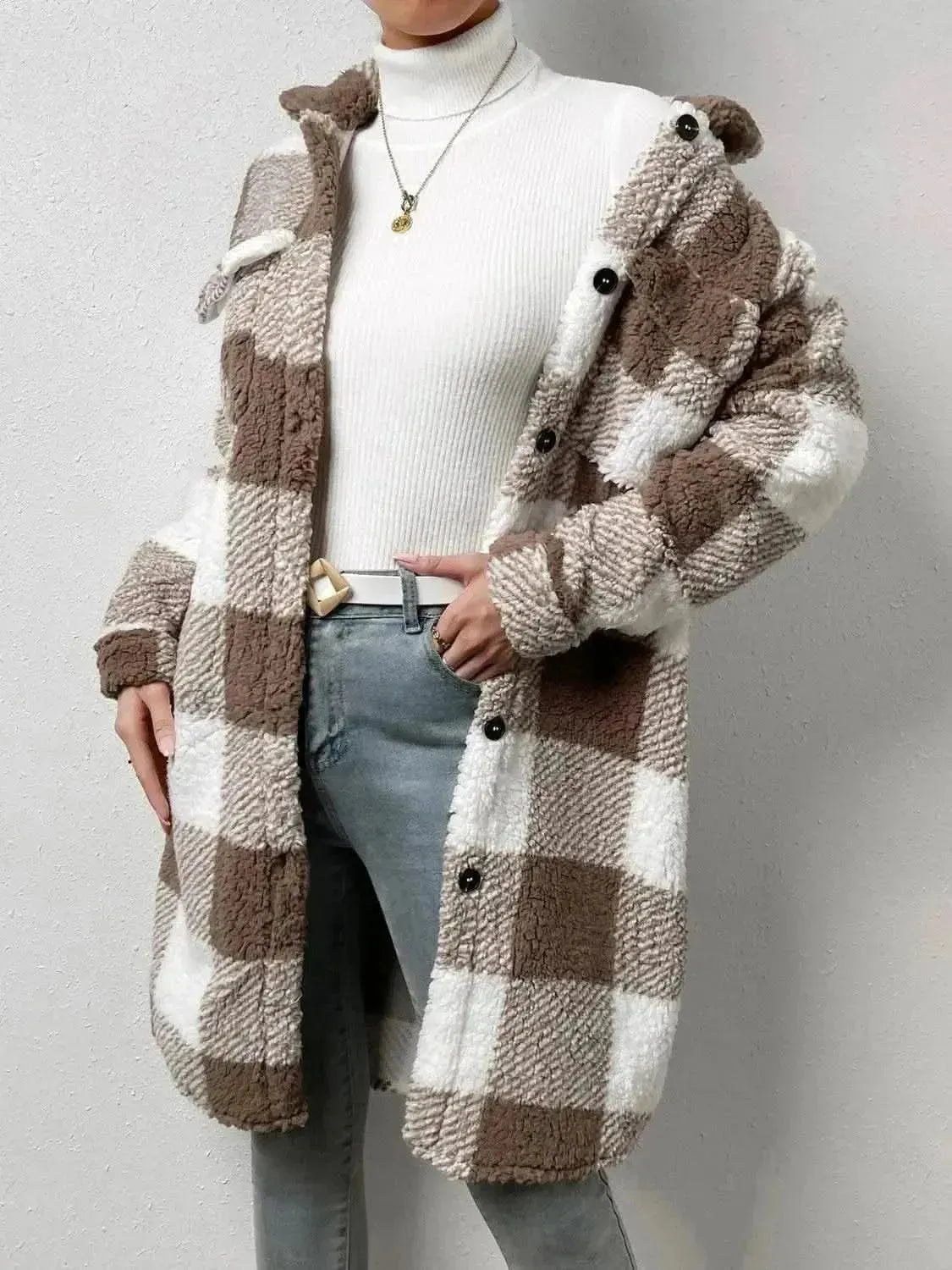 Plaid Collared Neck Button Down Coat - Bad Moms Club