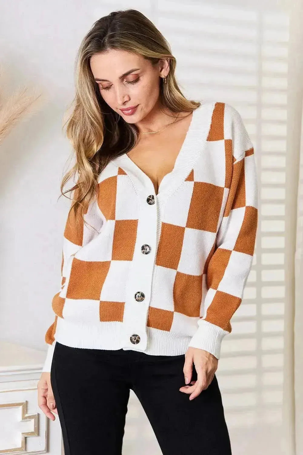Double Take Button-Up V-Neck Dropped Shoulder Cardigan - Bad Moms Club