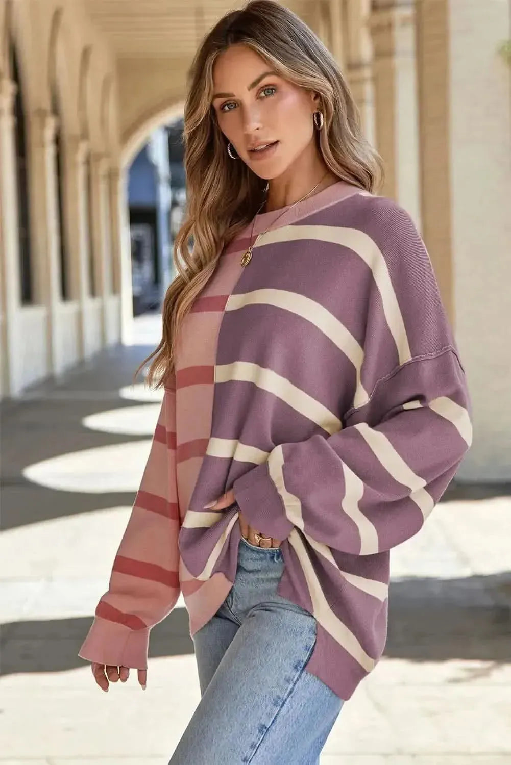 Striped Round Neck Long Sleeve Knit Top - Bad Moms Club