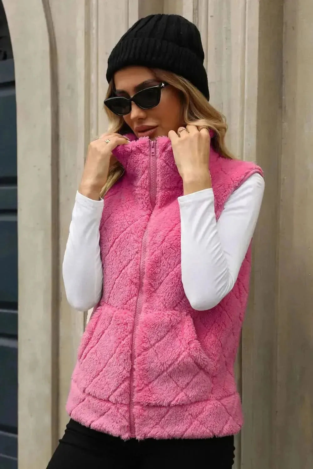 Fuzzy Plaid Texture Zip Up Vest Coat - Bad Moms Club