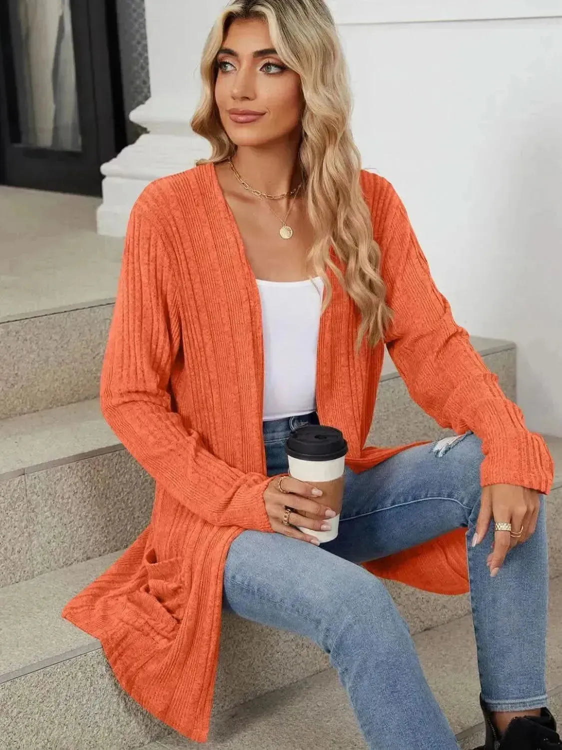 Pocketed Open Front Long Sleeve Cardigan - Bad Moms Club