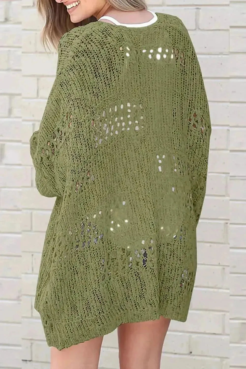 Openwork Open Front Long Sleeve Cardigan - Bad Moms Club