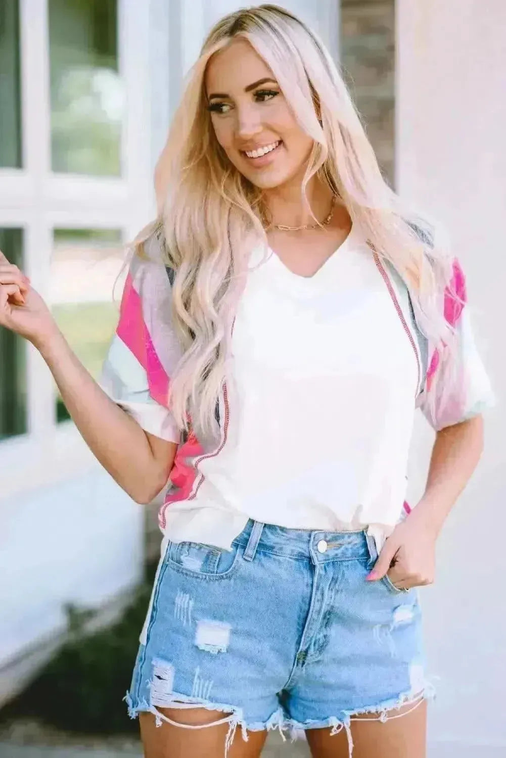 Rainbow Stripe Slit V-Neck T-Shirt - Bad Moms Club