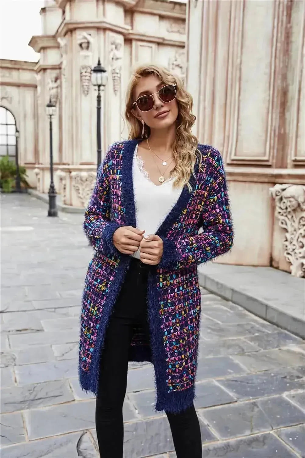 Multicolored Ribbed Trim Open Front Cardigan with Pockets - Bad Moms Club