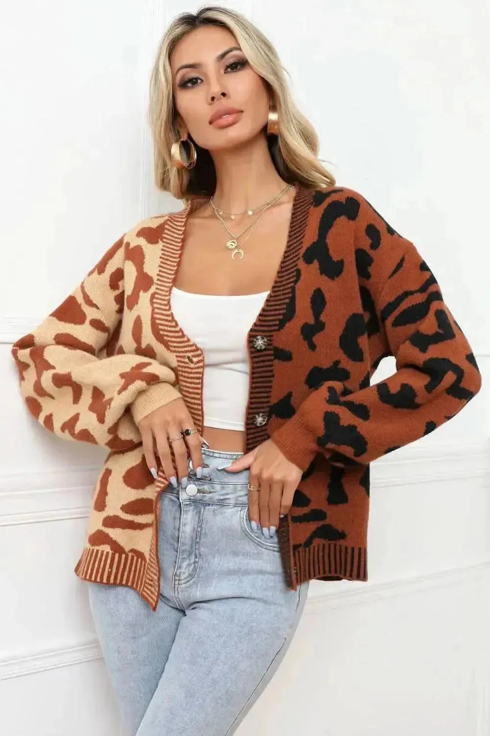 Leopard Button Front Ribbed Trim Cardigan - Bad Moms Club