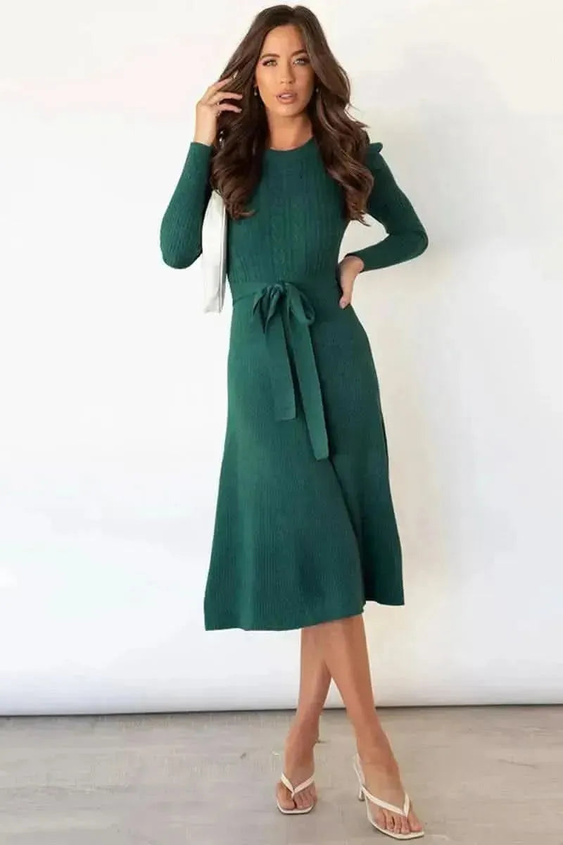 Round Neck Long Sleeve Tie Waist Sweater Dress - Bad Moms Club