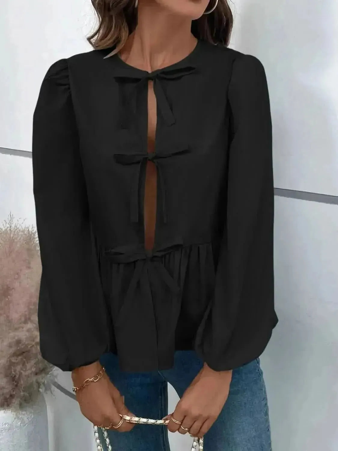 Ivy Lane Peplum Tied Long Sleeve Blouse - Bad Moms Club