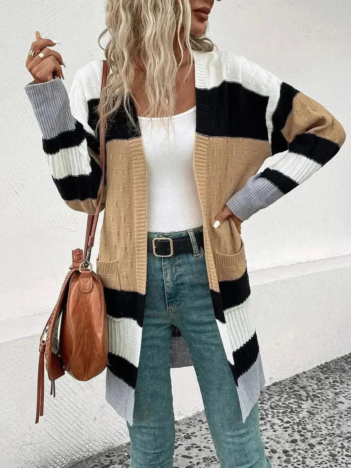 Color Block Open Front Drop Shoulder Cardigan - Bad Moms Club