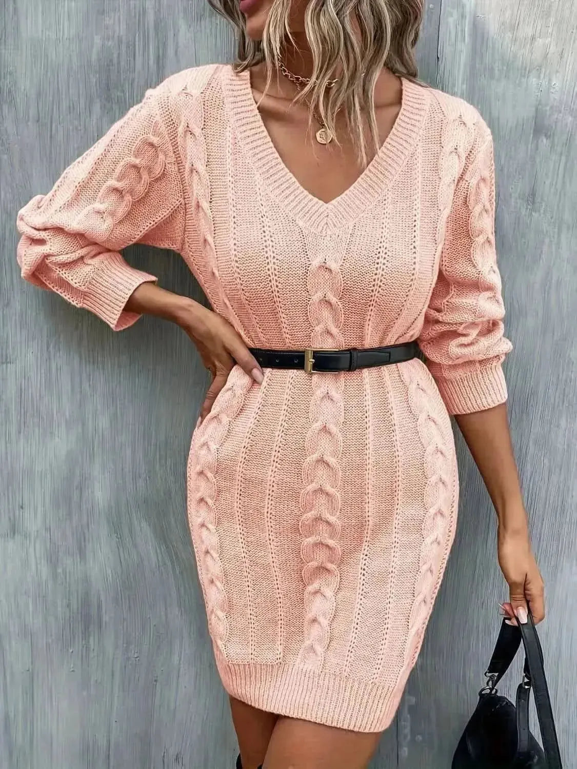 Cable-Knit V-Neck Sweater Dress - Bad Moms Club