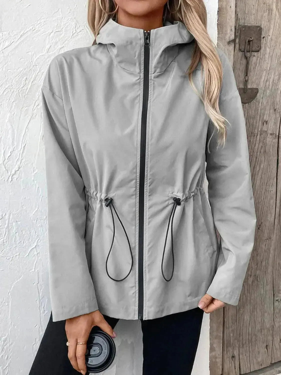 Drawstring Zip Up Hooded Jacket - Bad Moms Club