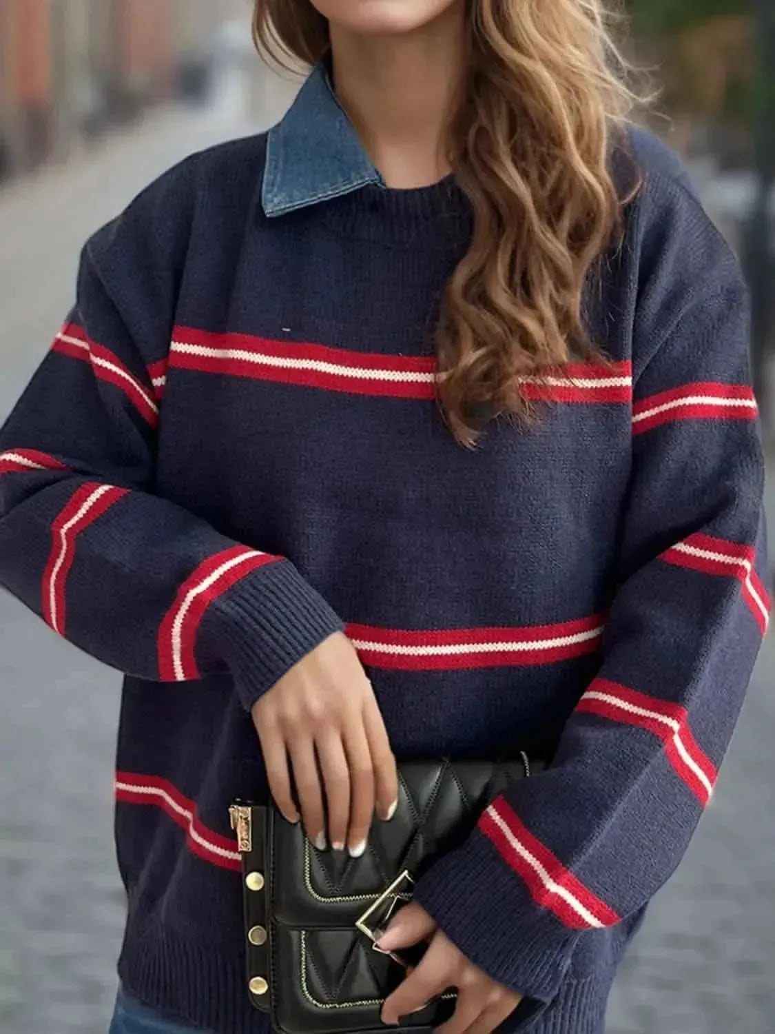 Contrast Stripes Round Neck Long Sleeve Sweater - Bad Moms Club