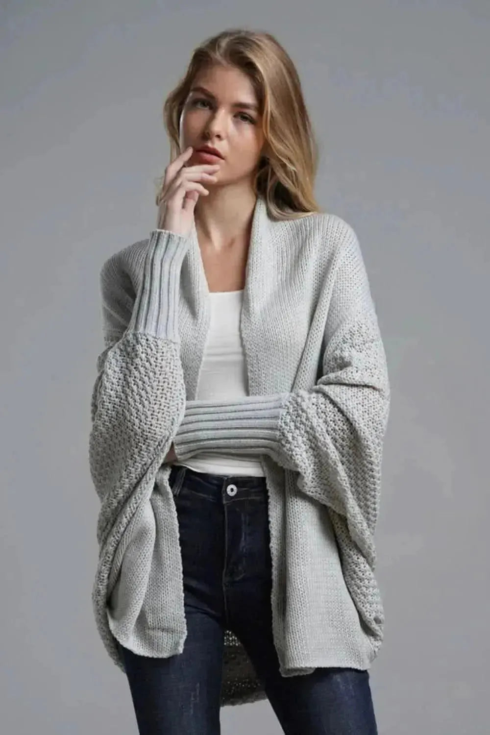 Dolman Sleeve Open Front Ribbed Trim Longline Cardigan - Bad Moms Club